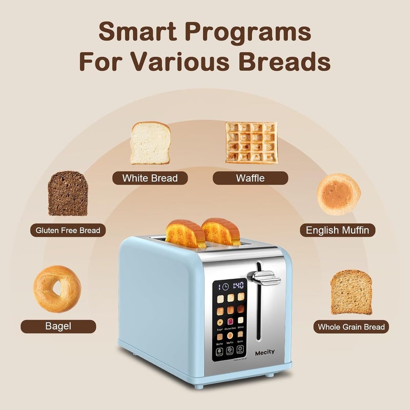 Mecity 2 Slice Touch Screen Toaster, 1.5" Wide Slot, Stainless Steel Smart Toaster for Bagels, Muffins, Waffles, Gluten-Free Breads, Defrost, Reheat, Timer, 120V 825W, Ice Blue - Image 3